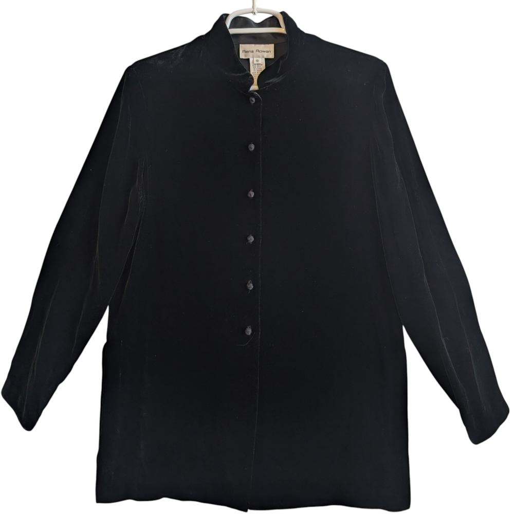 Rena Rowan Black Velvet Button Down Blouse Jacket High Collar Sz 10 Goth Witchy